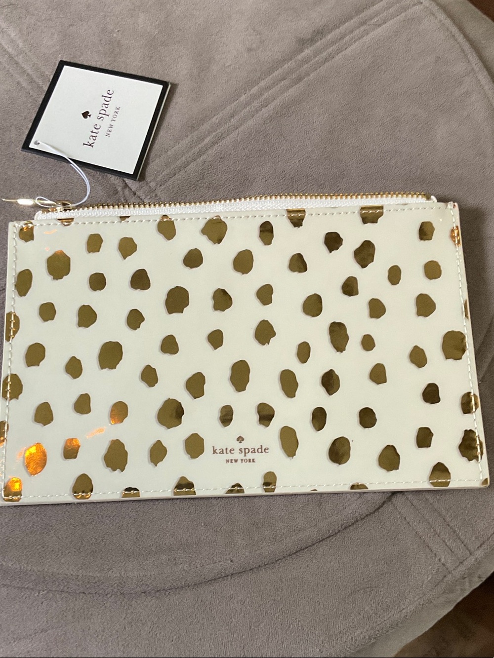 kate spade Cream Flamingo pencil Zip Pouch with Gold Spots